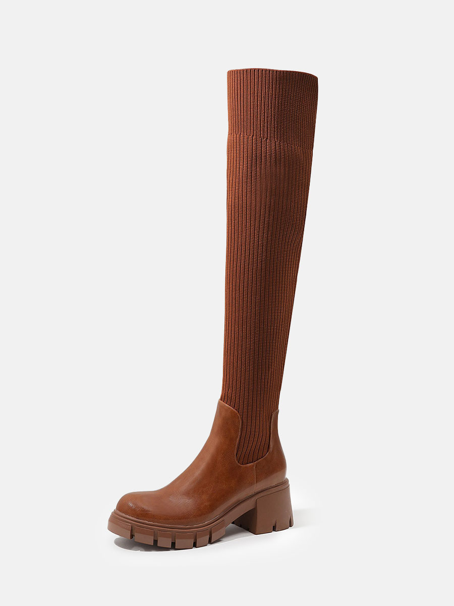 Women’s Brown Lug Sole Platform PU Round Toe Block Heel Woolen Over The Knee Boots (3)