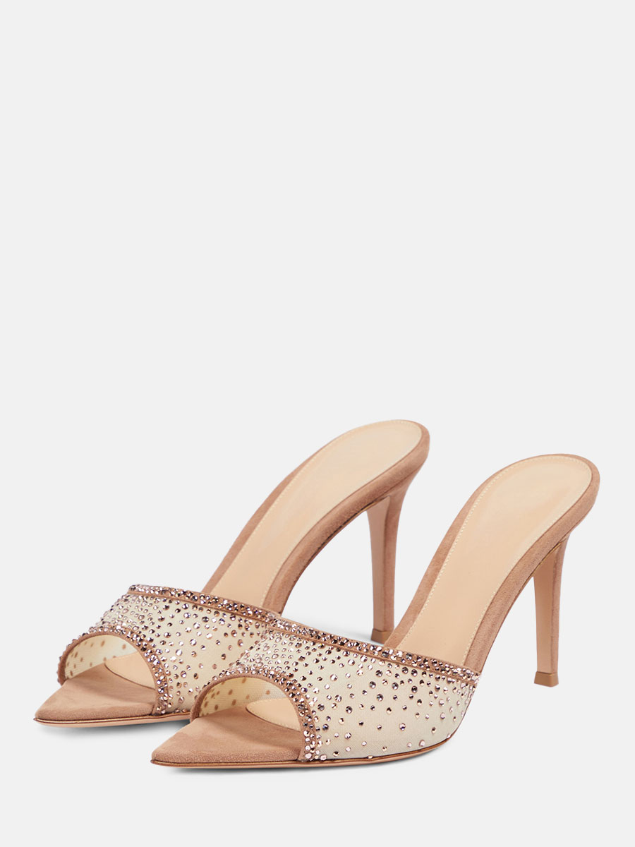 Women’s Brown Mesh Rhinestone Mule Stiletto Heel Sandals