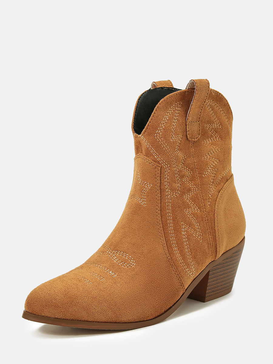 Women's Brown Suede Embroidered Pointed Toe Block Heels Ankle Western Boots