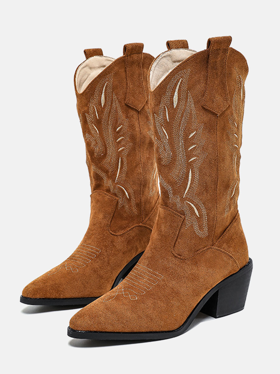 Women’s Brown Suede Flower Embroidery Pointed Toe Block Heels Mid Calf Western Boots (2)