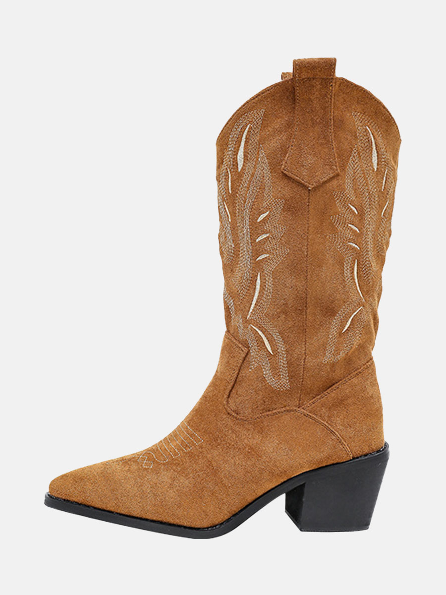 Women's Brown Suede Flower Embroidery Pointed Toe Block Heels Mid Calf Western Boots
