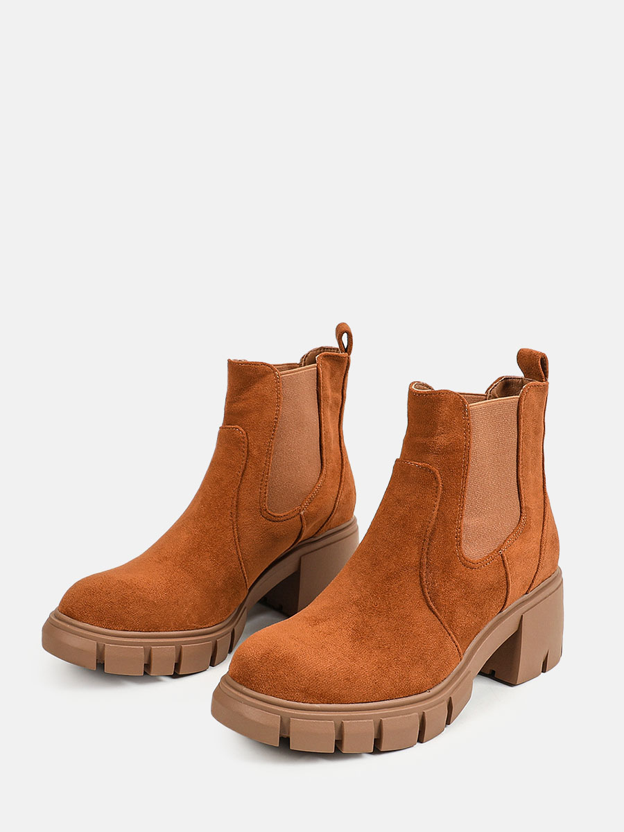 Women's Brown Suede Round Toe Elastic Lug Sole Platform Block Heels Chelsea Boots