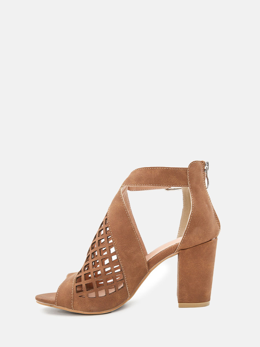Women's Brown Synthetic PU Peep Toe Cut-Out Buckle Block Heels Ankle Strap Sandals