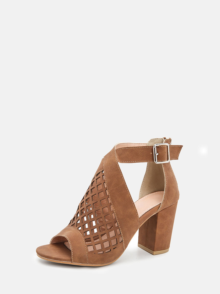 Women’s Brown Synthetic PU Peep Toe Cut-Out Buckle Block Heels Ankle Strap Sandals (3)