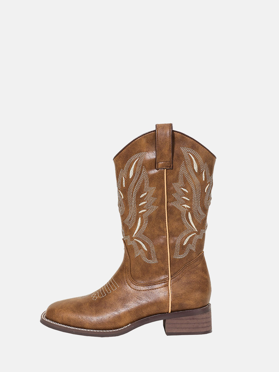 Women’s Brown Western Boots Embroidery Block Heel Mid Calf Cowboy Boots