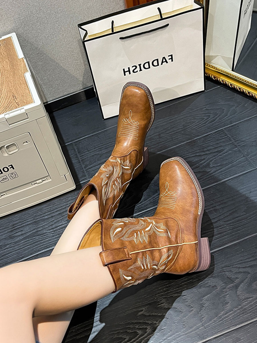 Women's Brown Western Boots Embroidery Block Heel Mid Calf Cowboy Boots -  ROSATINA