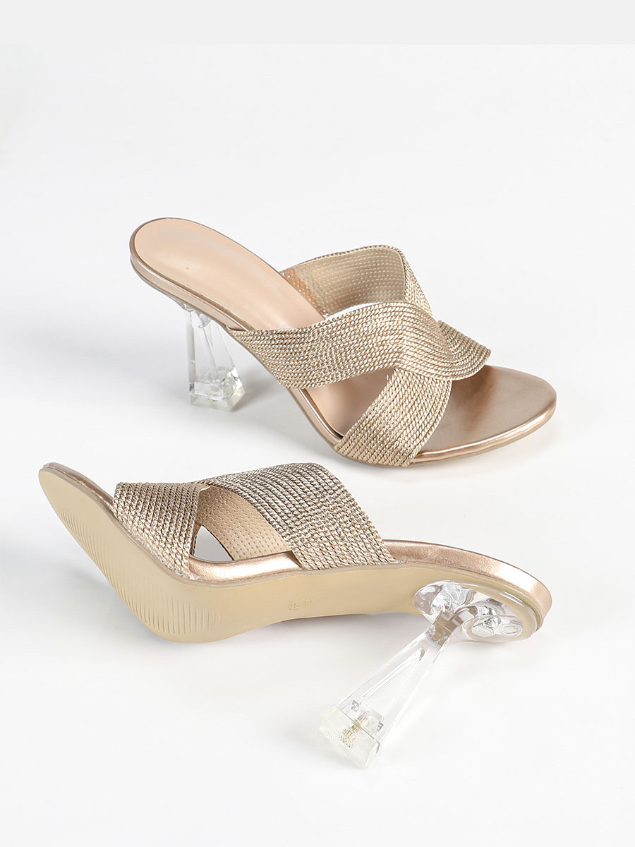 Women's Champagne PU Cross Strap Open Toe Clear Cone Heels Mule Sandals
