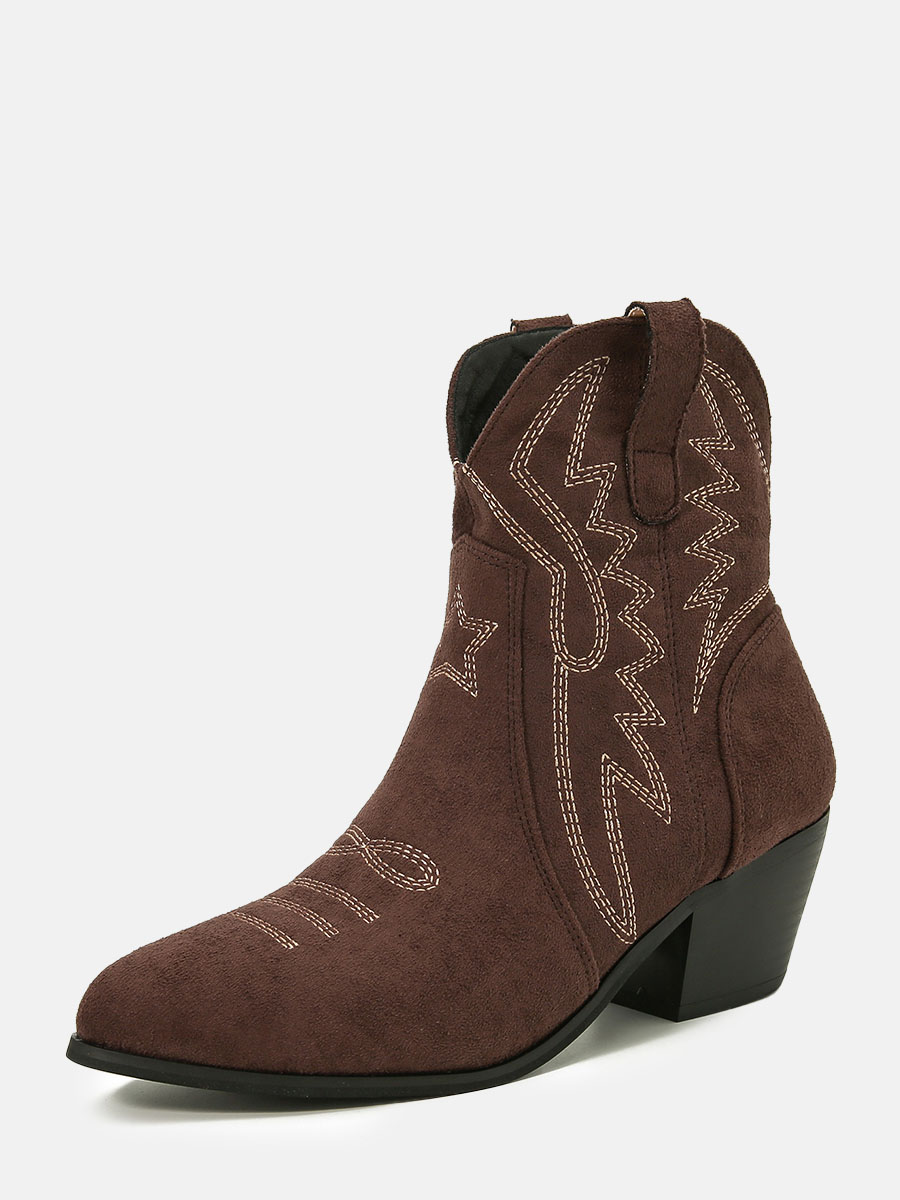 Women's Coffee Suede Embroidered Pointed Toe Block Heels Ankle Western Boots