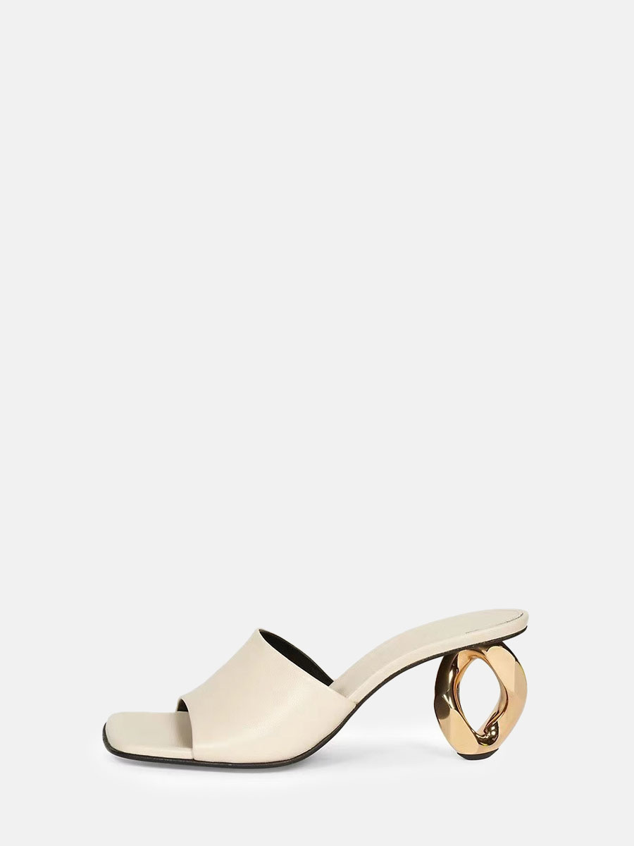 Women's Cowhide Special Shaped Metal Heel Open Toe Mules