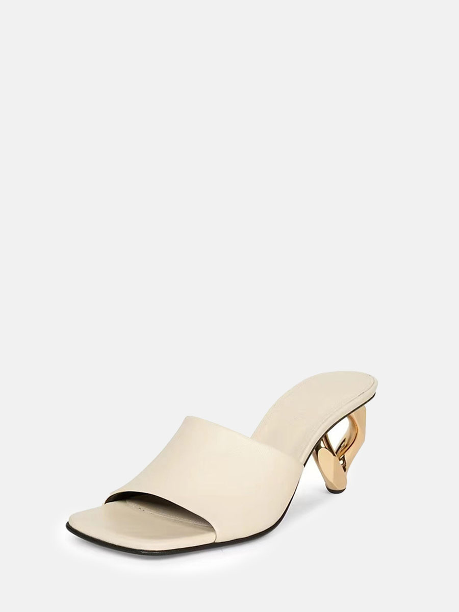 Women’s Cowhide Special Shaped Metal Heel Open Toe Mules (9)