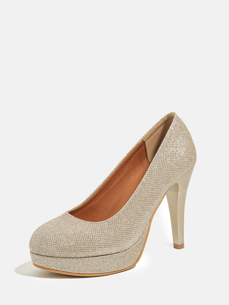 Women's Gold Glitter PU Round Toe Platform Stiletto Heels Pumps