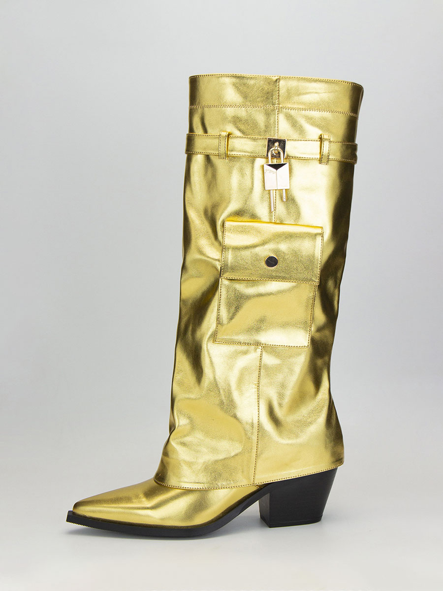 Women's Gold Metallic PU Buckle Pointed Toe Block Heels Knee High Boots