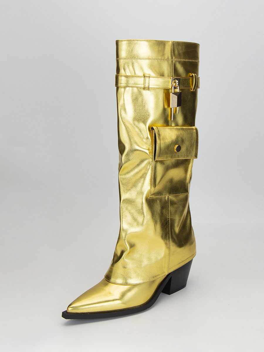 Women’s Gold Metallic PU Buckle Pointed Toe Block Heels Knee High Boots (3)
