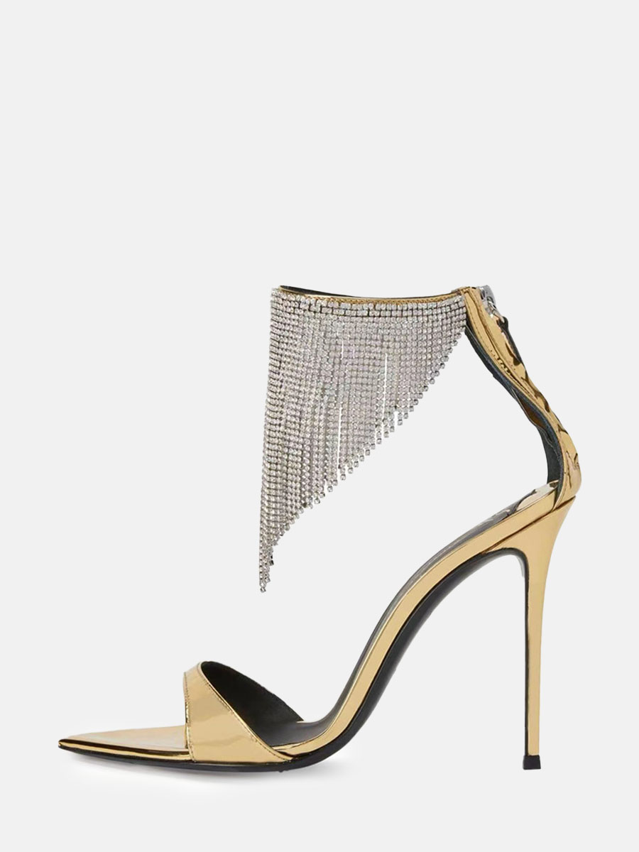 Women's Gold Patent Leather Ankle Strap Rhinestone Tassel Open Toe Stiletto Heels Sandals