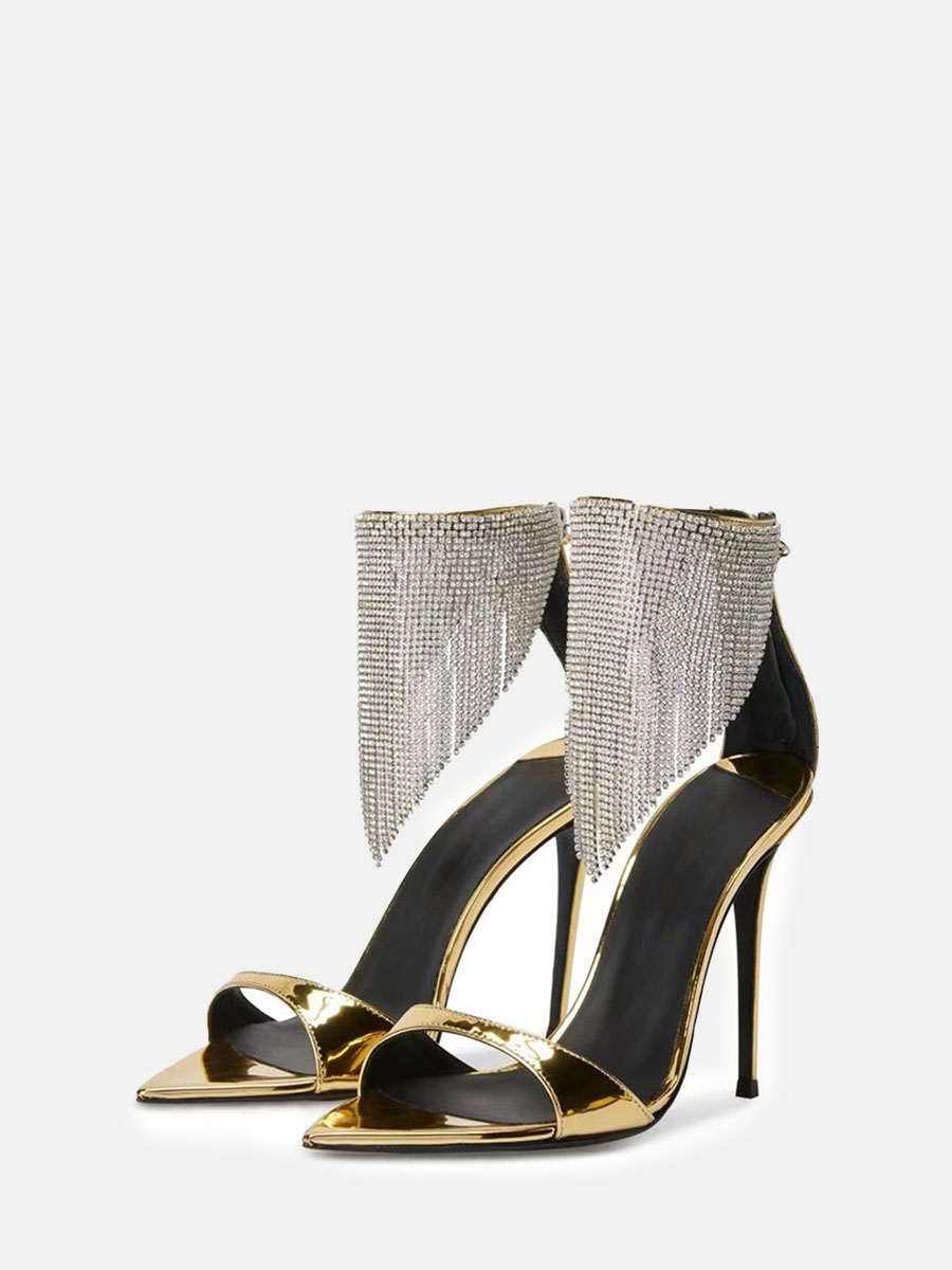 Women’s Gold Patent Leather Ankle Strap Rhinestone Tassel Open Toe Stiletto Heels Sandals (3)