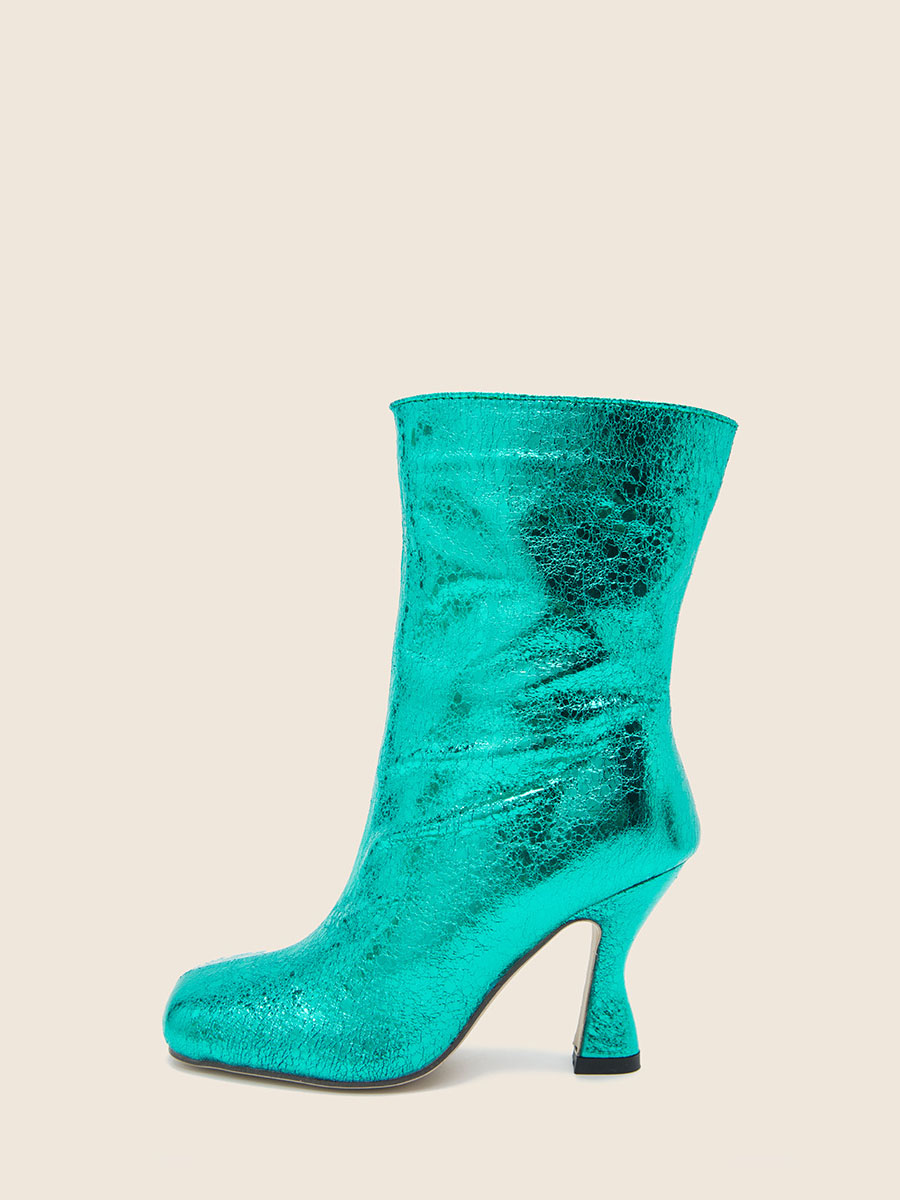Women's Green Cracked Synthetic PU Square Toe Zipper Cone Heels Mid Calf Boots