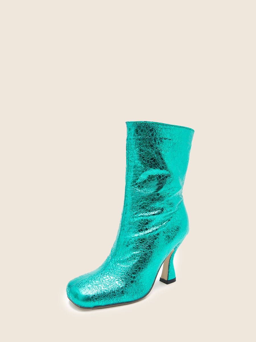 Women’s Green Cracked Synthetic PU Square Toe Zipper Cone Heels Mid Calf Boots (2)