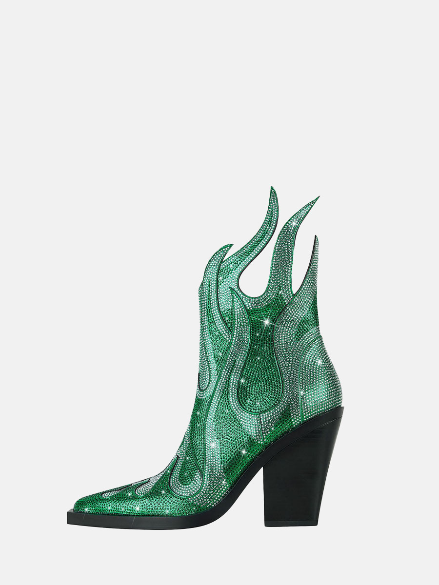 Women’s Green Glitter Synthetic Rhinestones Square Toe Chunky Heels Ankle Boots