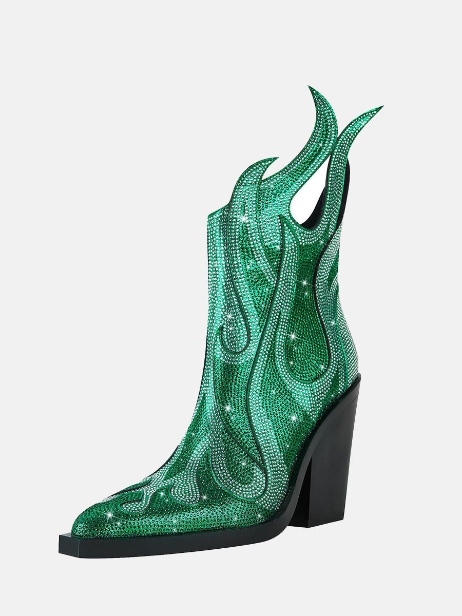 Women’s Green Glitter Synthetic Rhinestones Square Toe Chunky Heels Ankle Boots (5)