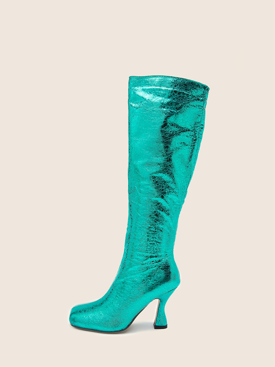 Women's Green Metallic Cracked Synthetic PU Square Toe Side Zipper Cone Heels Knee High Boots