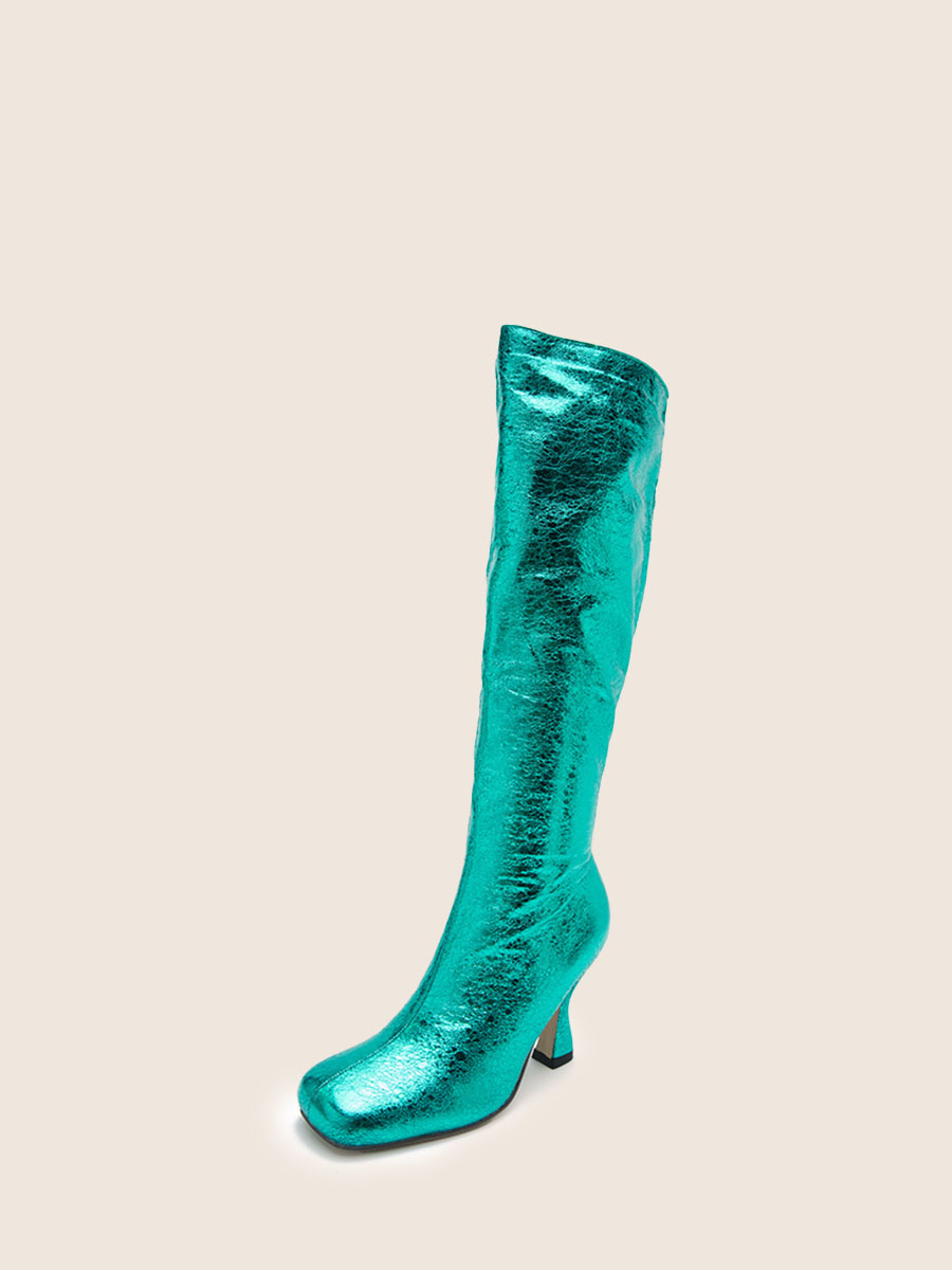 Women’s Green Metallic Cracked Synthetic PU Square Toe Side Zipper Cone Heels Knee High Boots (3)
