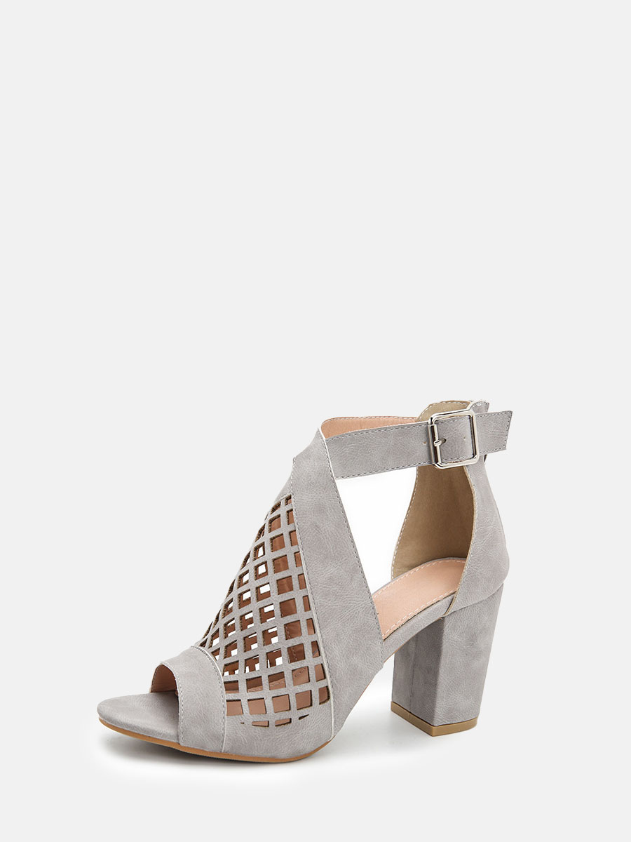 Women's Grey Synthetic PU Peep Toe Cut-Out Buckle Block Heels Ankle Strap Sandals