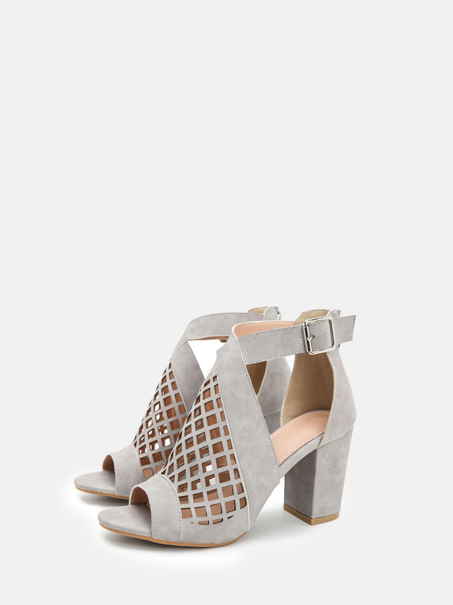 Women’s Grey Synthetic PU Peep Toe Cut-Out Buckle Block Heels Ankle Strap Sandals (3)