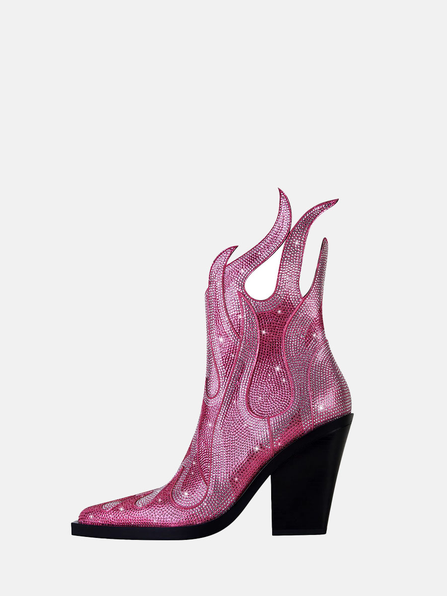 Women’s Hot Pink Glitter Synthetic Rhinestones Square Toe Chunky Heels Ankle Boots
