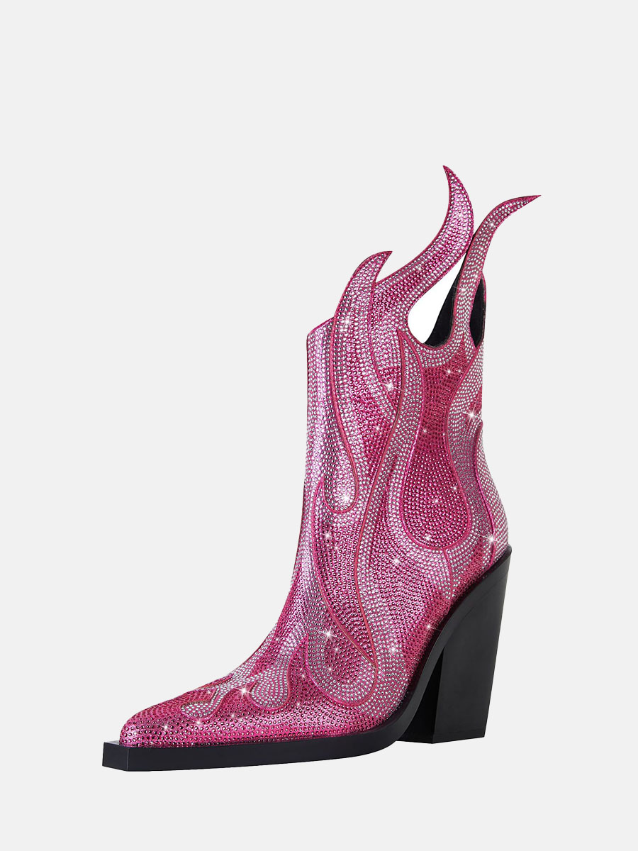 Women’s Hot Pink Glitter Synthetic Rhinestones Square Toe Chunky Heels Ankle Boots (8)