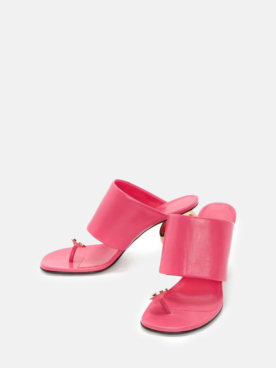 Women’s Hot Pink Microfiber Rhinestone Special Shaped Metal Heel Open Toe Mules Sandals (1)