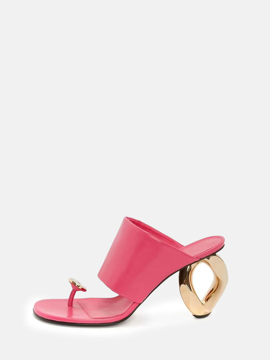 Women's Hot Pink Microfiber Rhinestone Special Shaped Metal Heel Open Toe Mules Sandals