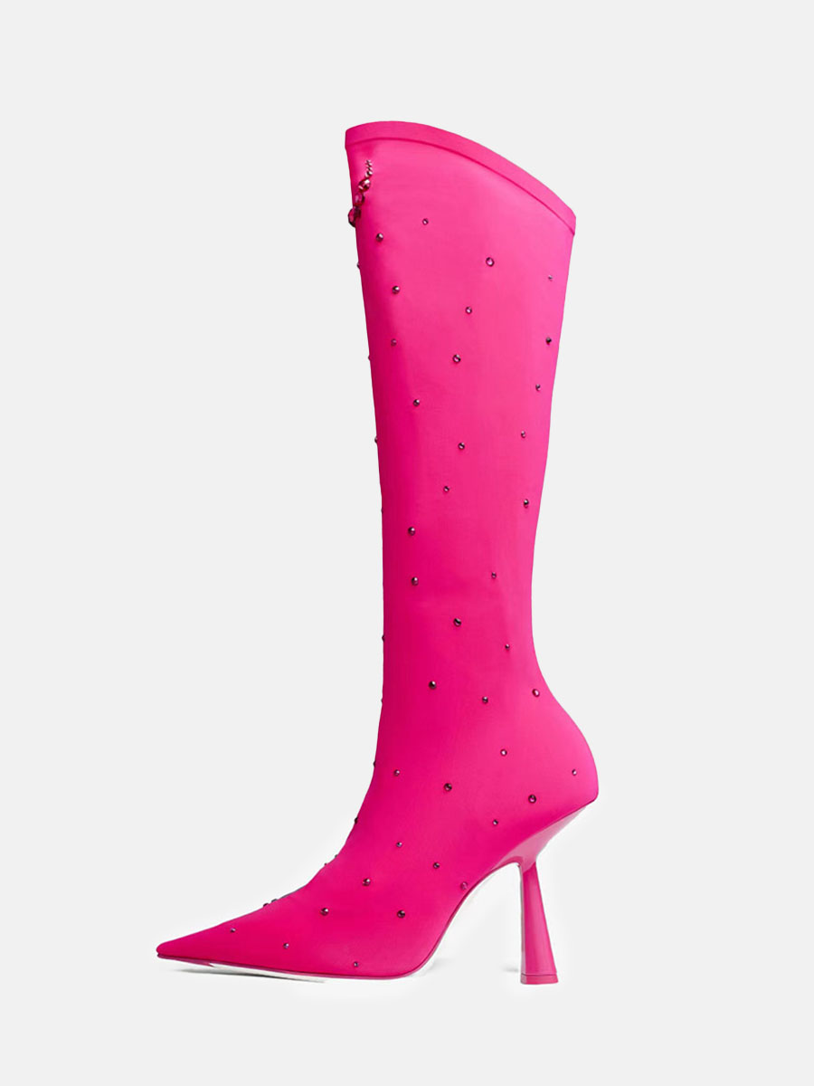 Women's Hot Pink Stretch Fabric Rhinestone Pointed Toe Stiletto Heels Knee High Boots