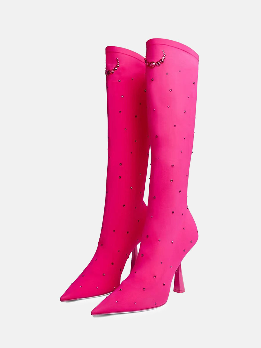 Women’s Hot Pink Stretch Fabric Rhinestone Pointed Toe Stiletto Heels Knee High Boots (5)