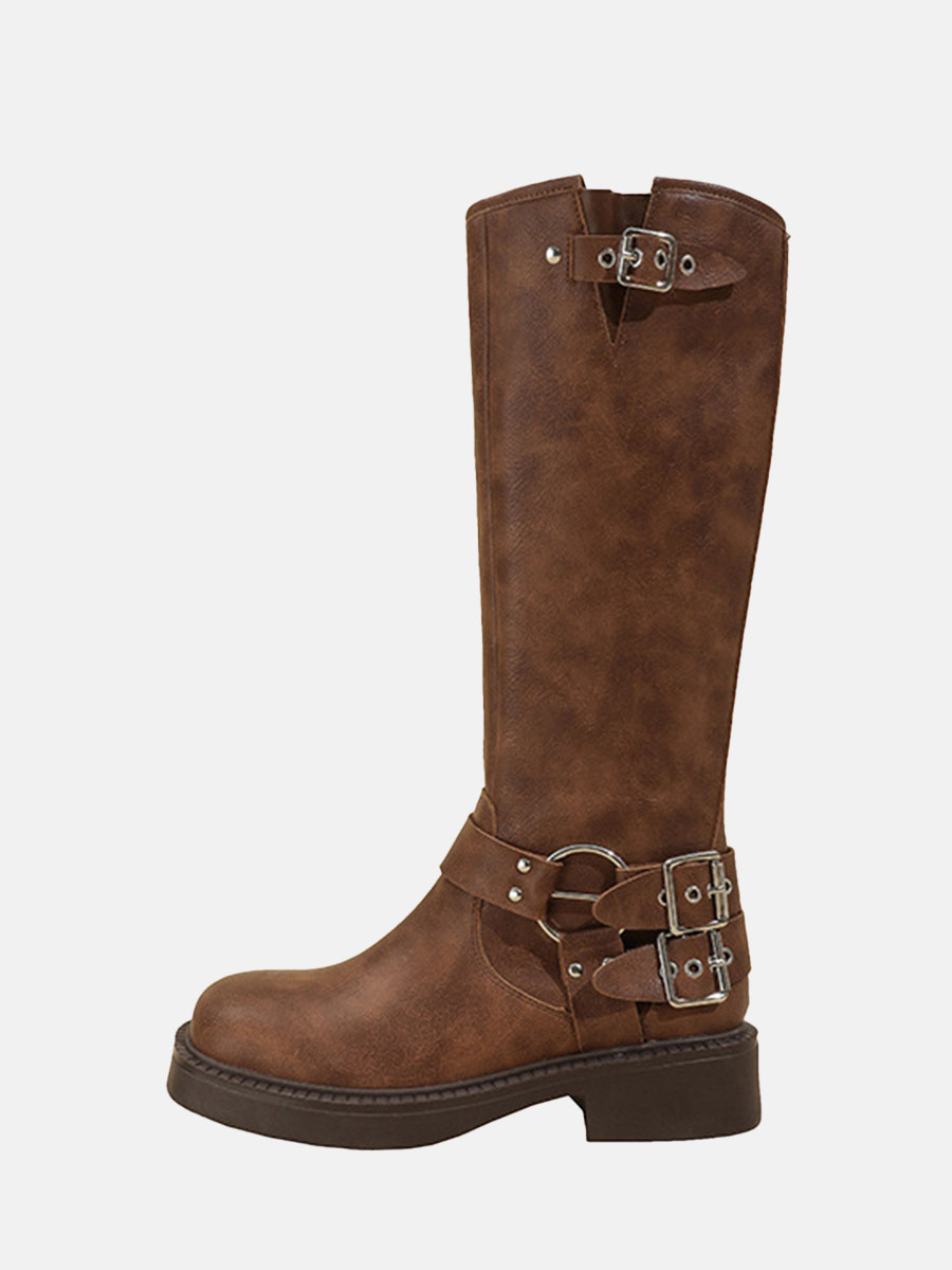Women’s Brown Leather Buckle Strap Block Heel Knee High Boots