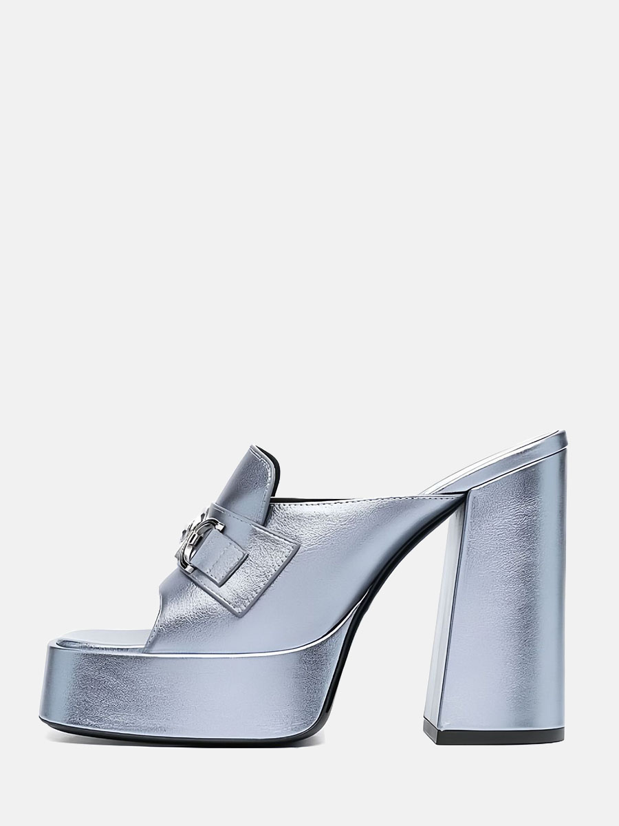 Women's Light Blue Synthetic Metallic Buckle Platform Open Toe Block Heels Mules Sandals