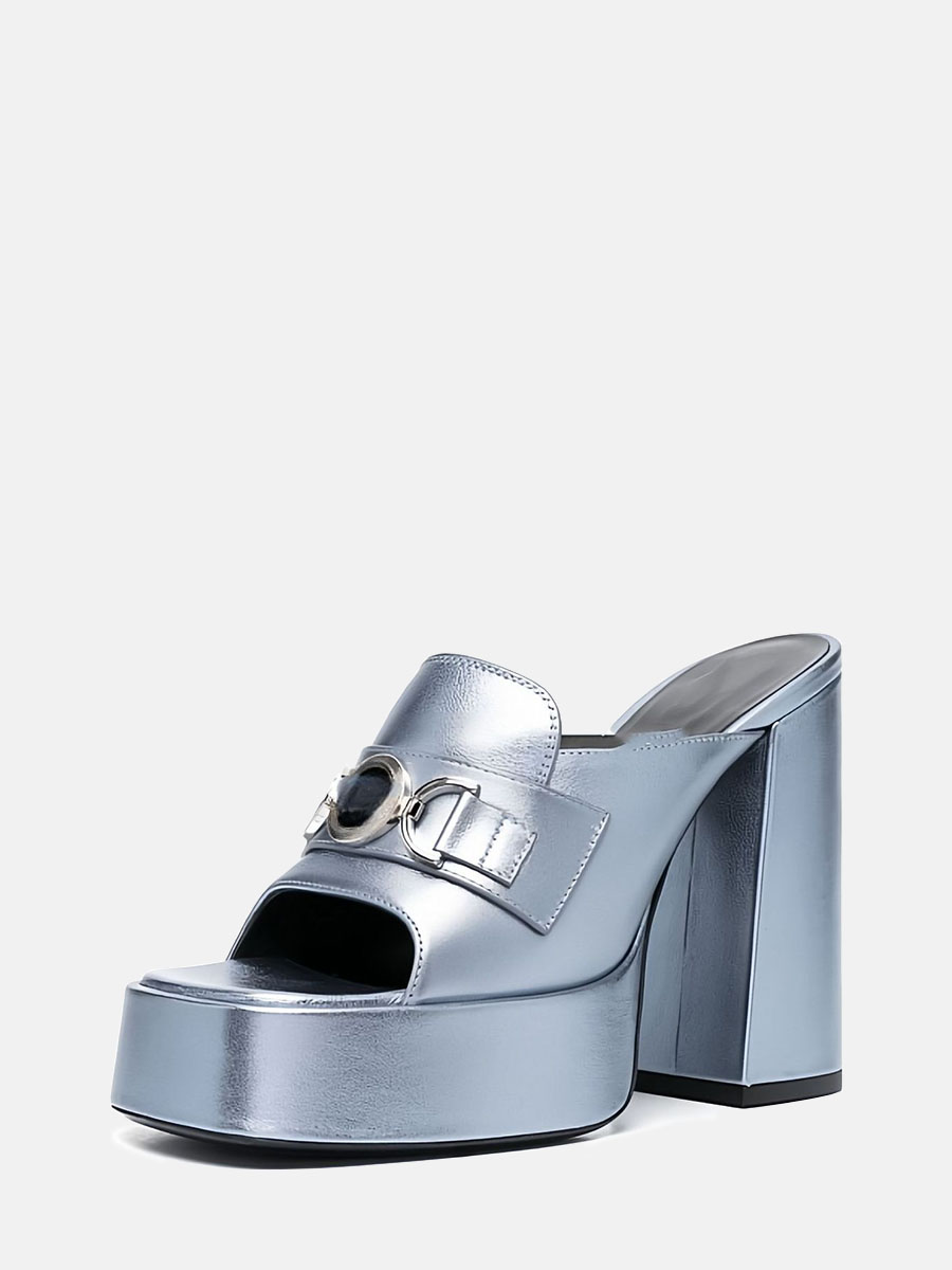 Women’s Light Blue Synthetic Metallic Buckle Platform Open Toe Block Heels Mules Sandals (2)