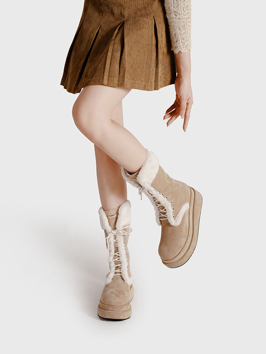 Women’s Light Brown Suede Shearling Lace-Up Platform Winter Boots (2)