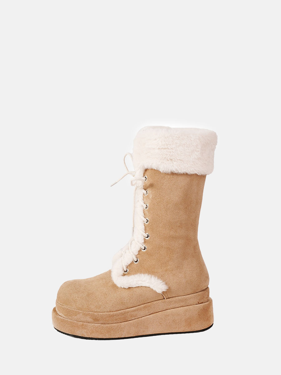 Women’s Light Brown Suede Shearling Lace-Up Platform Winter Boots