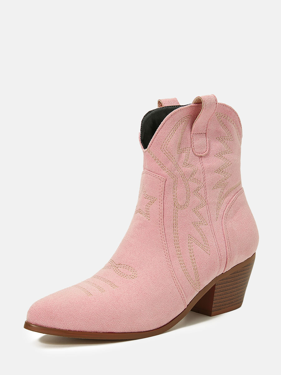 Women's Light Pink Suede Embroidered Pointed Toe Block Heels Ankle Western Boots
