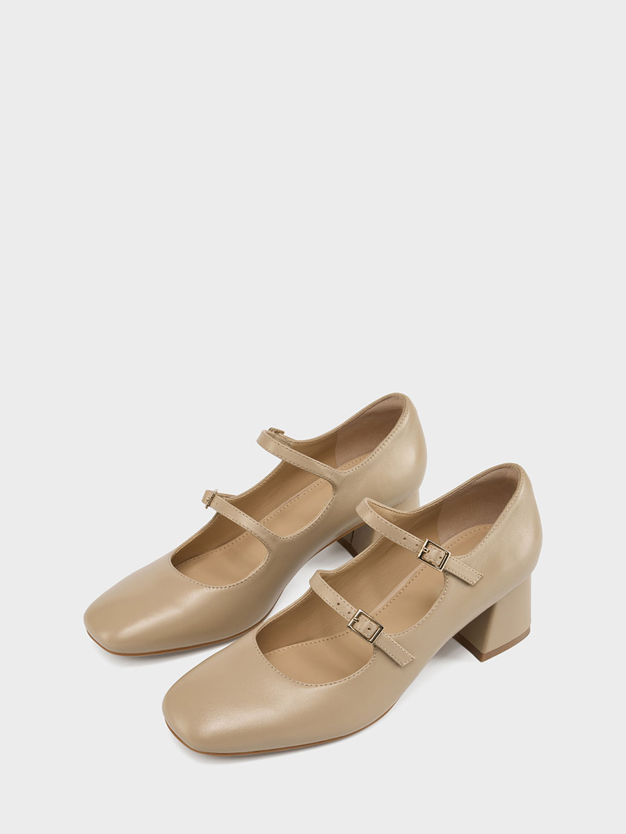 Women's Nude Lambskin Double Strap Mary Jane Round Toe Block Heels Pumps