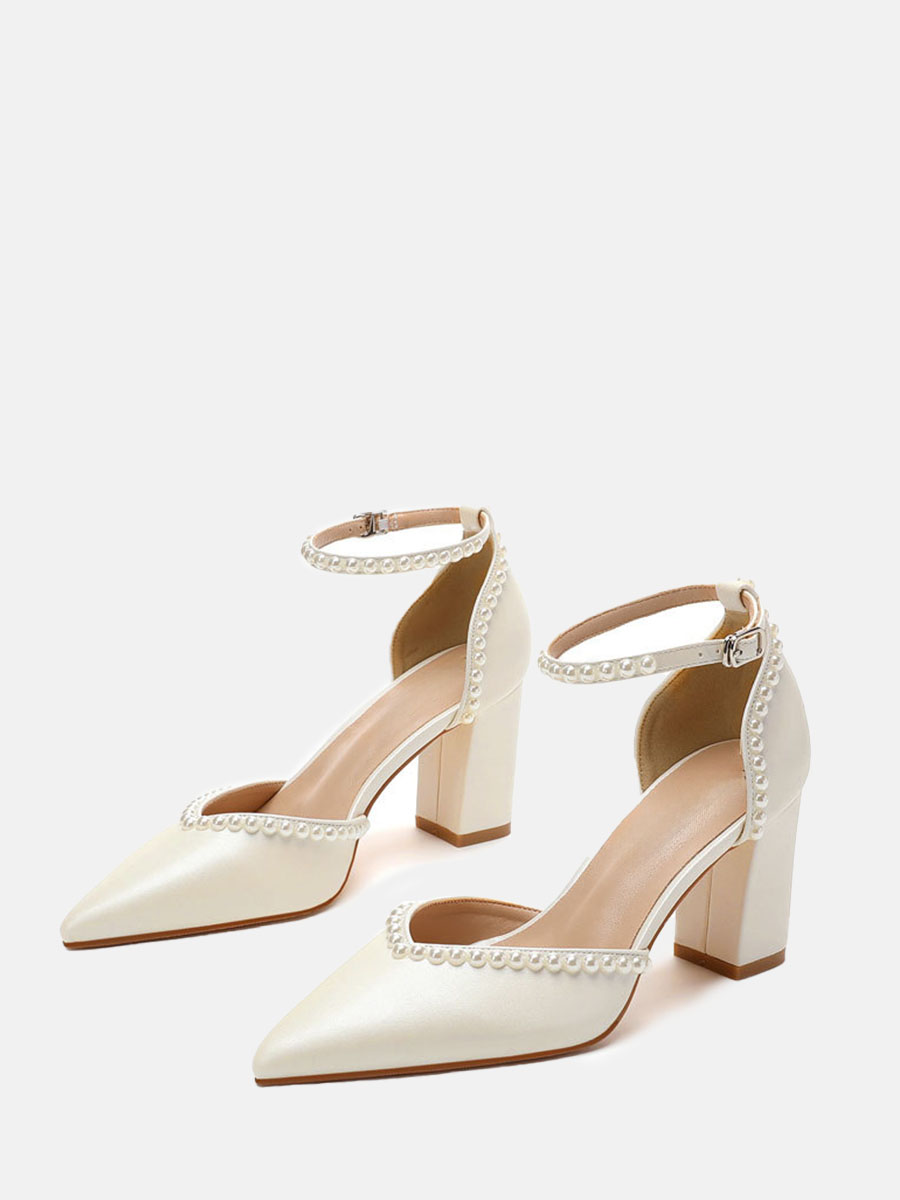 Women's PU Pearl Ankle Strap Buckle Pointed Toe Block Heels Pumps