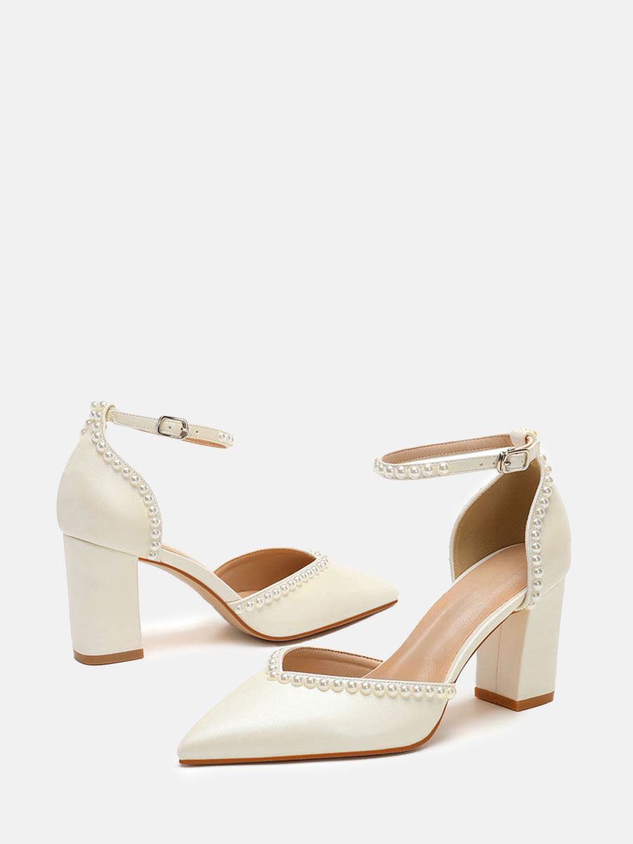 Women’s PU Pearl Ankle Strap Buckle Pointed Toe Block Heels Pumps (2)