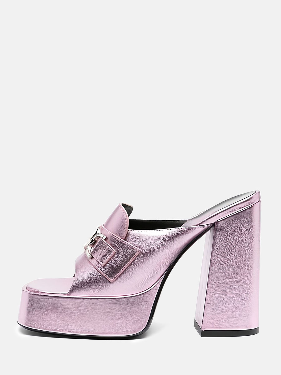 Women's Pink Synthetic Metallic Buckle Platform Open Toe Block Heels Mules Sandals