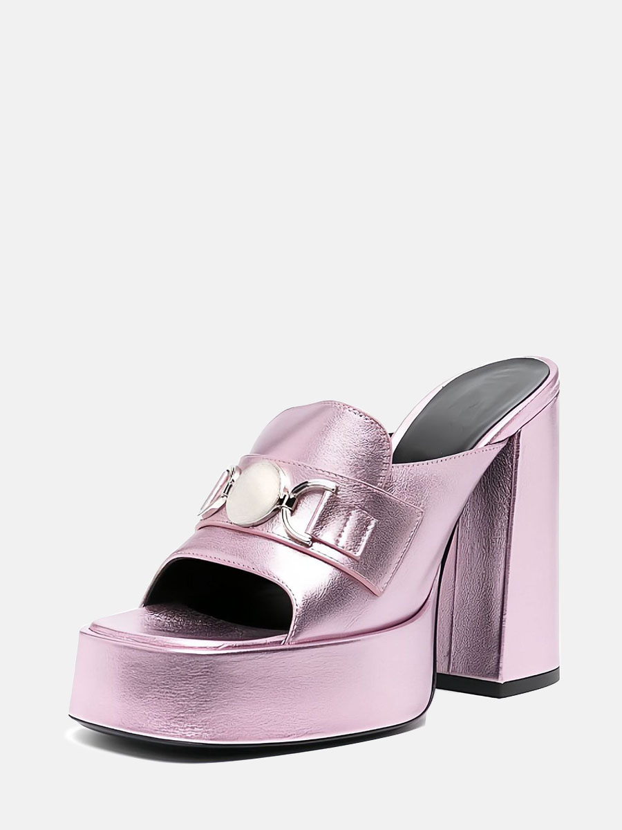 Women’s Pink Synthetic Metallic Buckle Platform Open Toe Block Heels Mules Sandals (3)