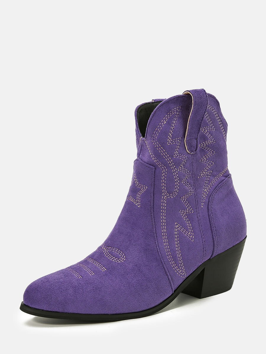 Women's Purple Suede Embroidered Pointed Toe Block Heels Ankle Western Boots