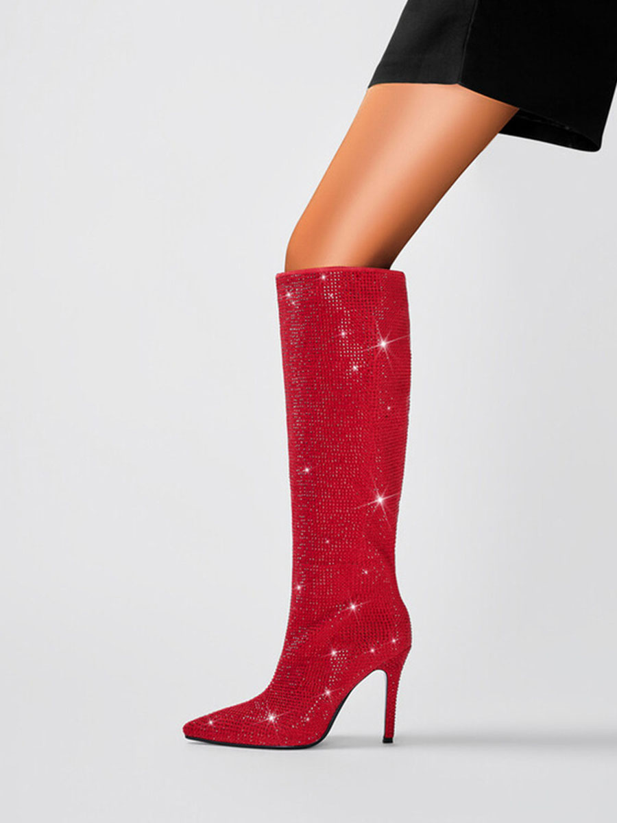 Women’s Red Super Fiber Rhinestone Pointed Toe Stiletto Heels Knee High Slouchy Boots (4)