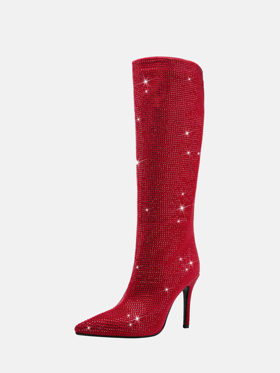 Women's Red Super Fiber Rhinestone Pointed Toe Stiletto Heels Knee High Slouchy Boots