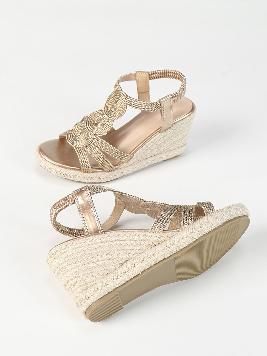 Women's Rose Gold Synthetic Leather T-Strap Open Toe Straw Woven Wedge Heels Sandals