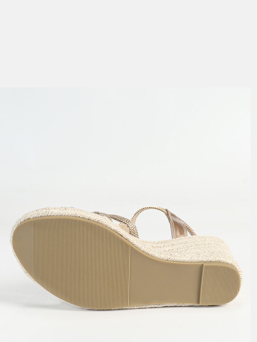 Women’s Rose Gold Synthetic Leather T-Strap Open Toe Straw Woven Wedge Heels Sandals (4)