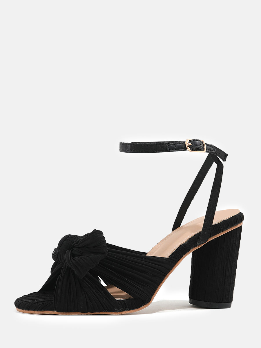 Women's Satin Pleated Bows Ankle Strap Open Toe Block Heels Sandals